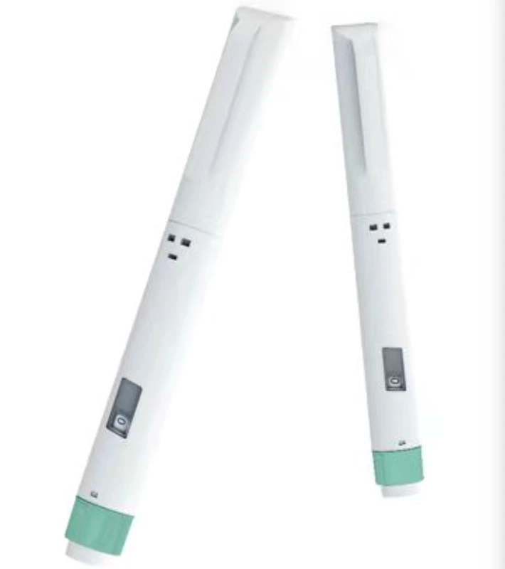 A-60 disposable pen injector, white body with blue cap, inner cartridge shown