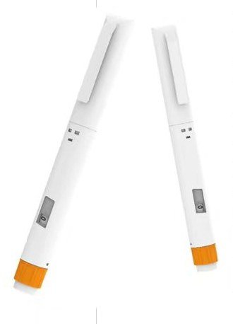A-75 disposable pen injector pair, white bodies with orange caps